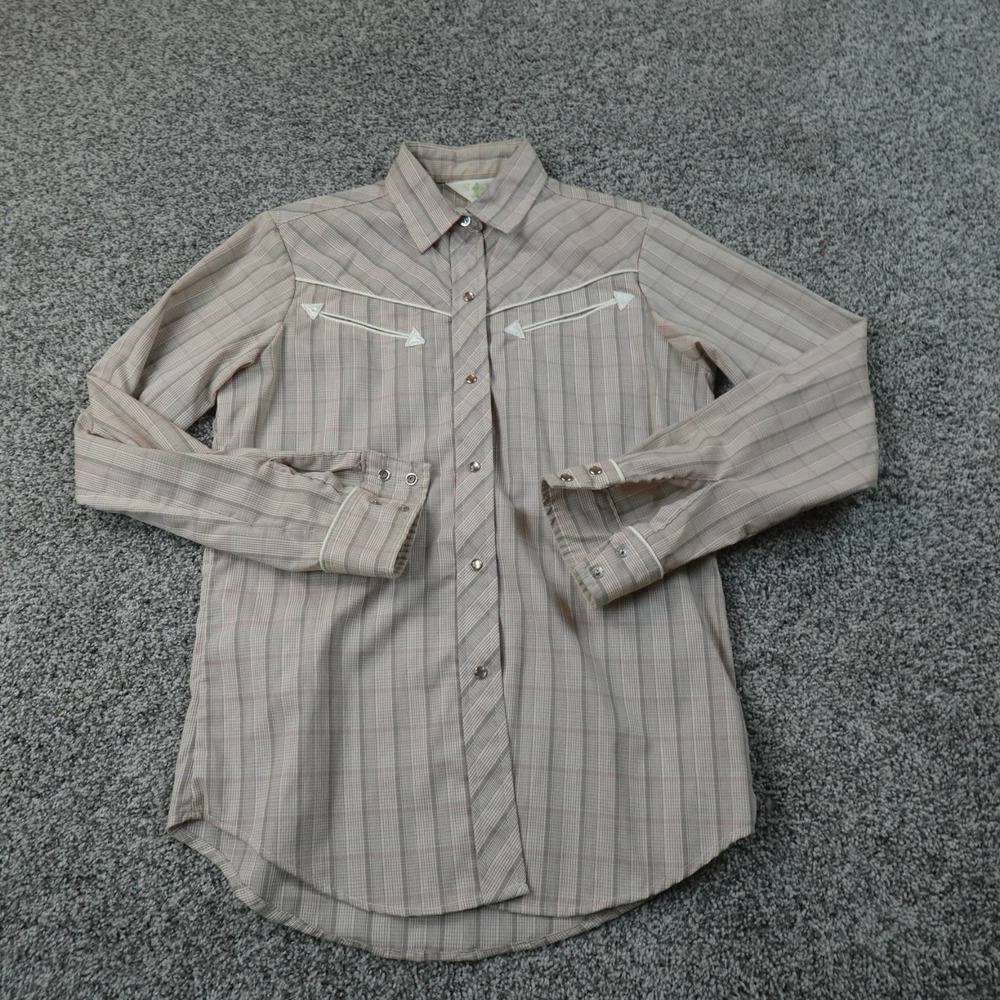 VTG Lee Shirt Womens 7 Beige Tan Plaid Pearl Snap Smile Pocket Western 70s USA